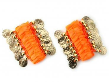 Belly Dance Handkette Armband Handschmuck Fasching Tanzen Bauchtanzen Handgelenk Manschette Verkleidung Armbänder mit goldfarbenen Münzen (Paar) in orange